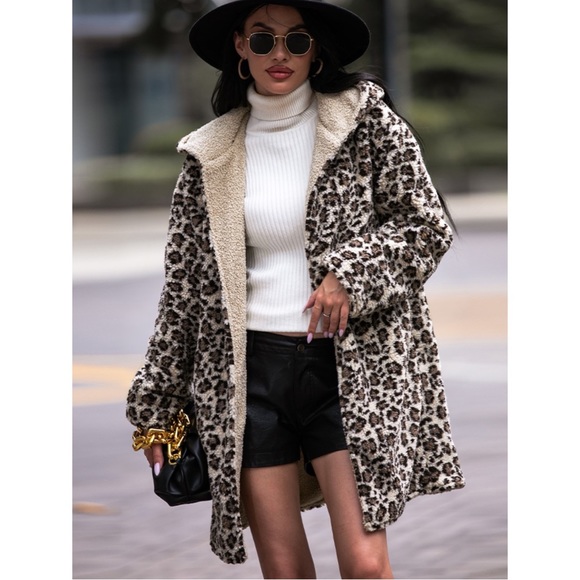 Leopard Hooded Coat with Pockets